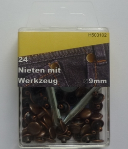 Siernieten + gereedschap 9.0mm (24 stuks), Koper